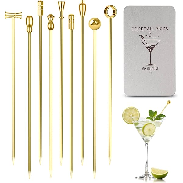 Metal Martini Cocktail Picks Gold - 9 Pcs Stainless Steel Olive Skewers, 4.1", Reusable Bar Accessories - View #3