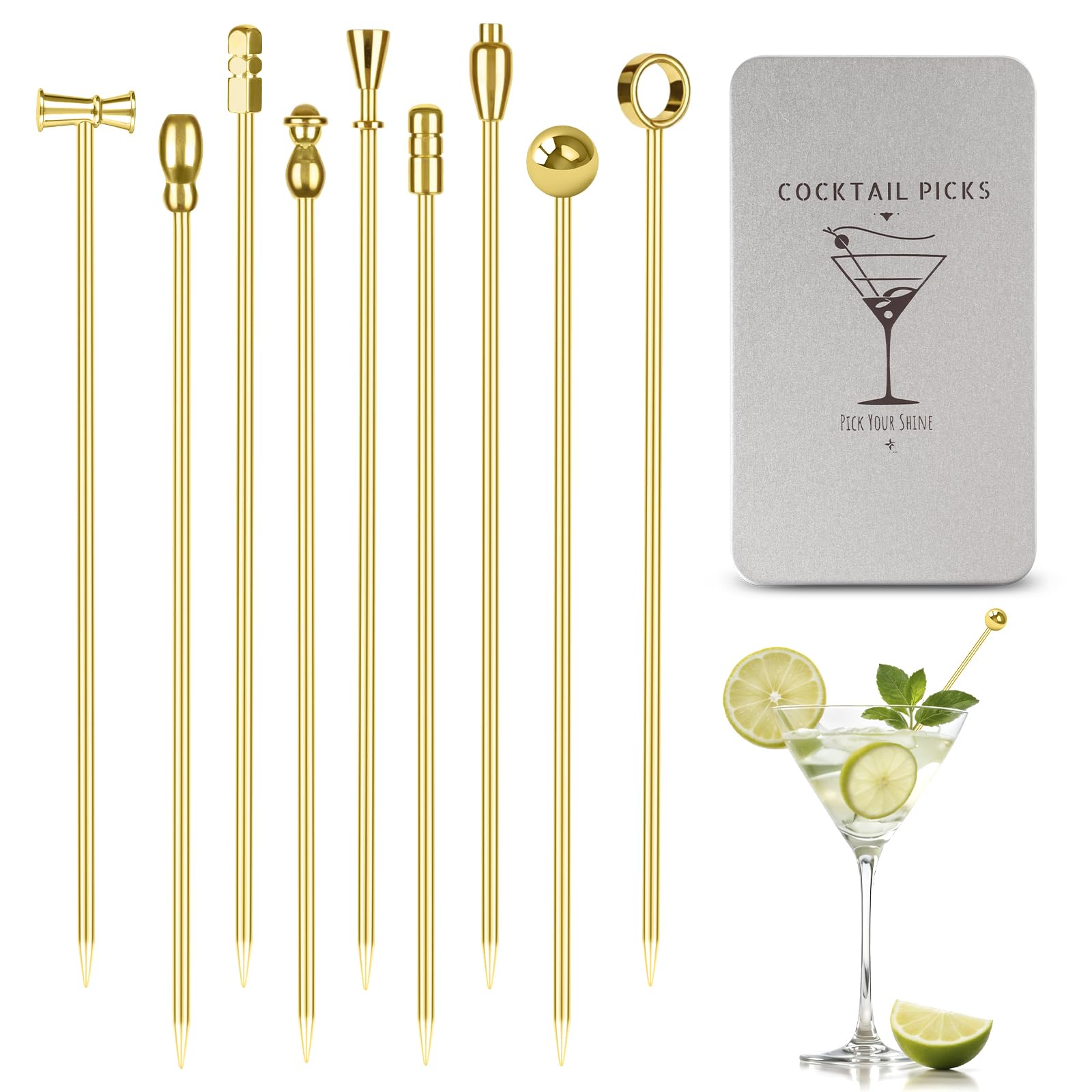 Photo 1 of Metal Cocktail Martini Picks Gold, 4.1 in Olive Skewers Stainless Steel, Martini Garnish Sticks Reusable, Metal Toothpicks for Drinks, Appetizers, Cheese, Bar Accessories Cocktail Supplies - 9 Pcs