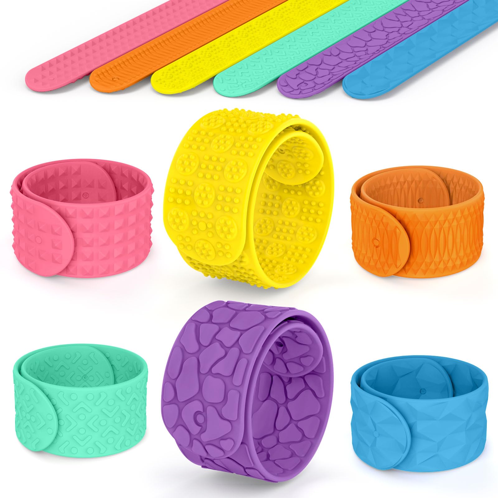 Fidget Toys Textured Slap Bracelet for Autism, ADHD, Stress Relief Calm Anxiety, Silicone Fidgets Slap Bands for Plane Travel Classroom Party, Play Activities Gift Toy for Kids 3+ & Adults (6 Pack)