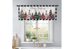 BrilliStar Christmas Kitchen Curtains Black and White Buffalo Plaid Christmas Tree Windows Valances Rod Pocket Curtain Valance for Bathroom Living Room Cafe 54x18 inch Window Treatment for Home Decor