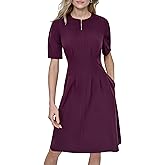 DKNY Womens Short Puff Sleeve Jewel Neck Knee Length Two Slit Pocket Zipper Front Dress