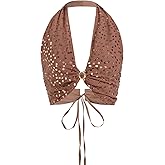 winkbay Women's Sequin Tie Backless Ruched Halter Top Glitter Deep V Neck Asymmetrical Crop Tops