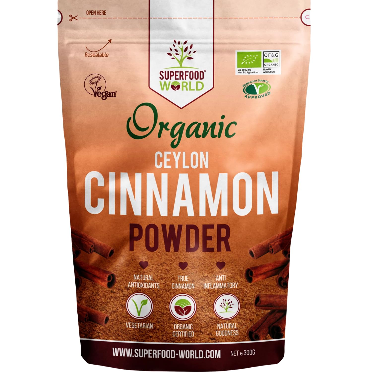 Organic Ceylon Cinnamon Powder 300g - Premium Quality True Organic Certified Ceylon Cinnamon - Powerful Natural Superfood Spice Ideal Powdered Seasoning for Cooking, Desserts, Tea & Treats
