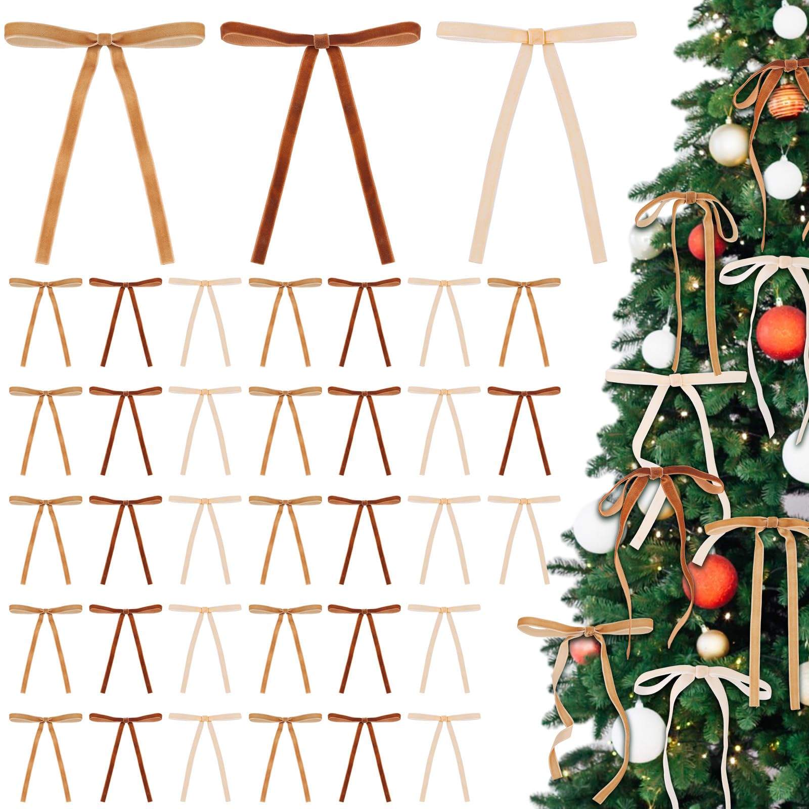Photo 1 of 36 PCS Velvet Bows Christmas Tree Ornaments 3/8 Inch Rustic Crafts Gift Vintage Velvet Ribbon Wreath Bows for Home Indoor Outdoor Decoration (36, Brown, Khaki, Beige)