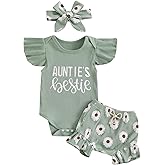 NZNDSHD Aunties Bestie Baby Clothes Girl Newborn Infant Girls Summer Outfit Short Sleeve Romper Daisy Short Headband Set
