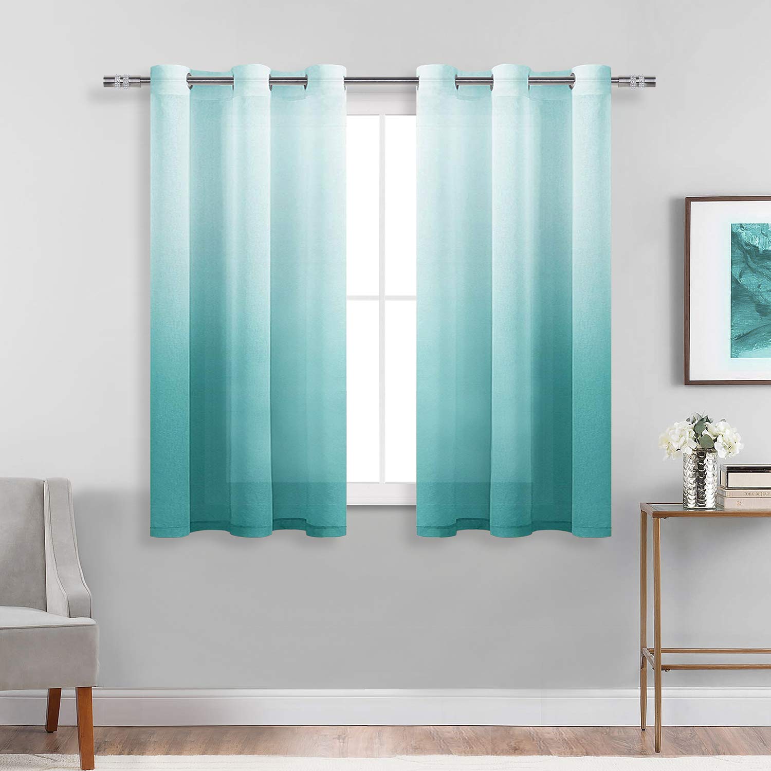 DWCN Ombre Sheer Curtains - Faux Linen Gradient Semi Voile Grommet Top Drapes Bedroom and Living Room Curtains, Set of 2 Window Curtain Panels, 42 x 54 Inch Length, Teal
