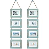 DLQuarts 5x7 Hanging Collage Picture Frames Wall Decor, 4-Opening 5x7 Matted to 3.5x5 Photo Rustic Wood Frame with Hemp Rope, 2 Pack, Ocean Blue