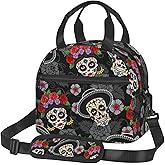 Perinsto Sugar Skulls Day Of The Dead Lunch Bag Reusable Insulated Lunch Tote Bag Lunchbox Container With Adjustable Shoulder Strap For Office Work School Picnic Travel