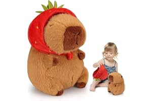 Emoin Capybara Plush Toy with Strawberry Hat 9.8Inch Kawaii Capybara Plushie Soft Brown Capybara Stuffed Animals Doll Pillow Strawberry Capybara Hugging Gift for Kids Adults