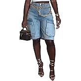 KWSTAIN Denim Shorts Women High Waisted Summer Bermuda Stretchy Cargo Jean Casual Baggy Raw Hem Jorts with Pockets for Women