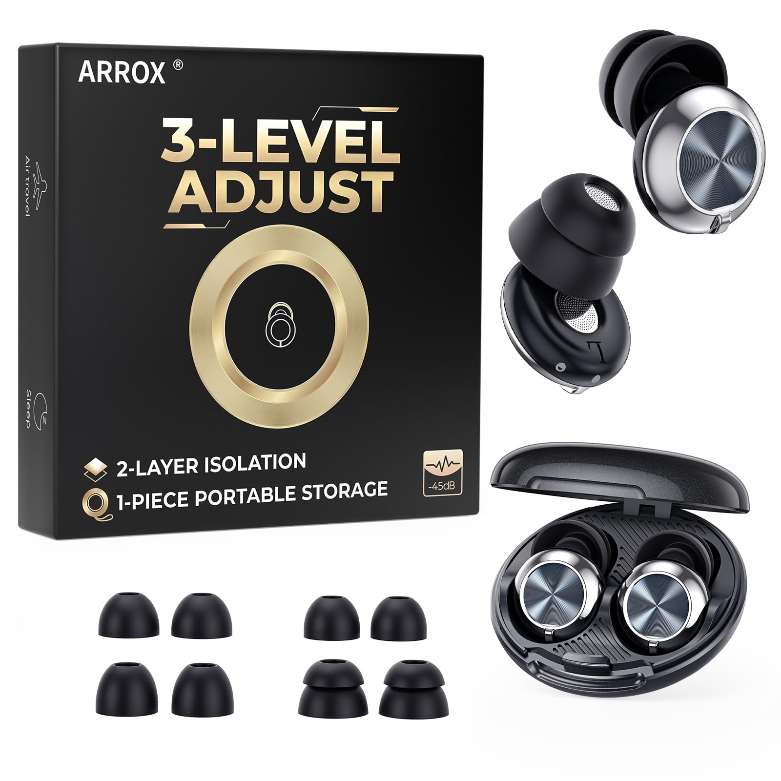 Photo 1 of ARROX Adjustable Ear Plugs for Sleeping, 3 Noise Relief Modes (13-45 dB), Double-Layer Ultra-Soft Silicone Earplugs, Reusable Ear plugs for Concerts, Deep Focus, Side Sleepers & Travel, 4 Size Eartips