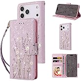 UEEBAI Wallet Case for iPhone 17 Pro, PU Leather Phone Cover Kickstand RFID Blocking Flip Case Card Slots Wrist Strap Relief Engraved Pattern Magnetic Closure Flower Folio Wallet, Lavender