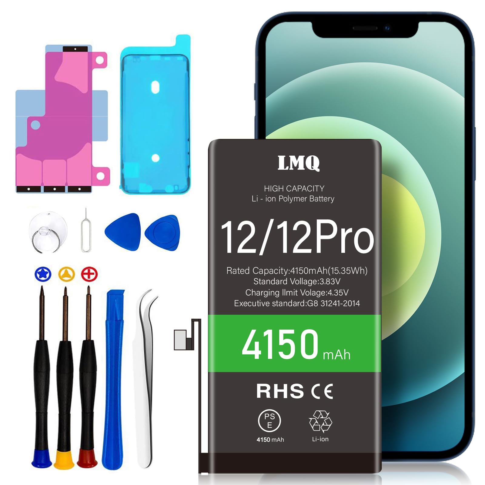 Photo 1 of LMQ 4150mAh Super Capacity Battery Compatible iPhone12/12 Pro,0 Cycle Li-Polymer Replacement Battery for iPhone 12/12 Pro?A2172?A2402?A2403?A2404?A2172?A2402?A2403?A2404?with Repair Tool Kit+Adhesive