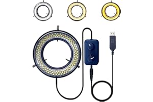 Microscope LED Ring Light Illuminator, USB 5V 144 LED Color Temperature Adjustable, 4 Zone, RGB, Focus Lamp Source Monocular 