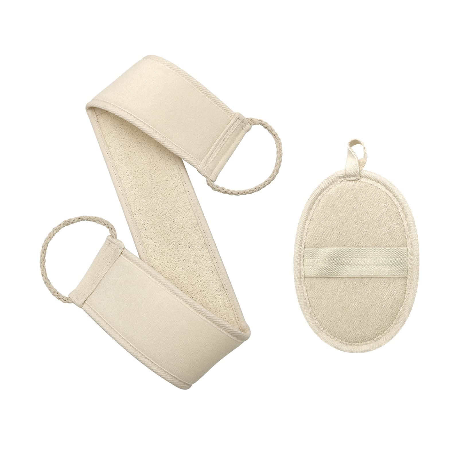 Pinkiou Loofah Exfoliating Back Scrubber with Natural Luffa Pad for Body Bath Sponge Natural Exfoliating and Deep Back Washer for Men & Women Shower and Bath Spa 2 PCS