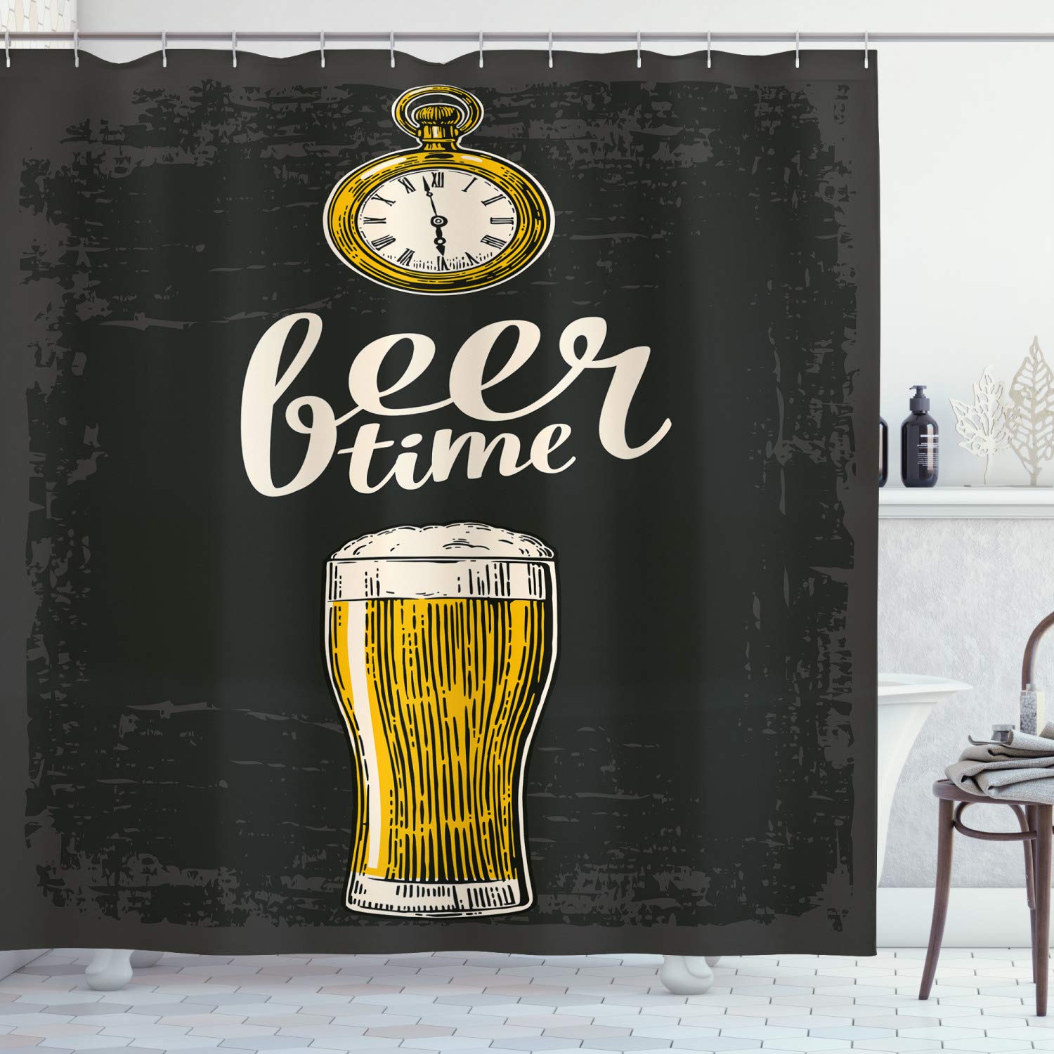 ABAKUHAUS Modern Shower Curtain, Beer Time Typography with Glass and Old Antique Lifestyle Illustration, Cloth Fabric Bathroom Decor Set with Hooks, 86 Inches Extra Long, Dark Green Yellow Cream
