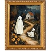 Vintage Gold Framed Rustic Cute Ghosts Dog Halloween Wall Art 9x11 Inch | Ghosts Haunted Halloween Canvas Print, Country Cottage Pumpkin Patch Landscape Painting Picture Living Room, Bathroom Decor