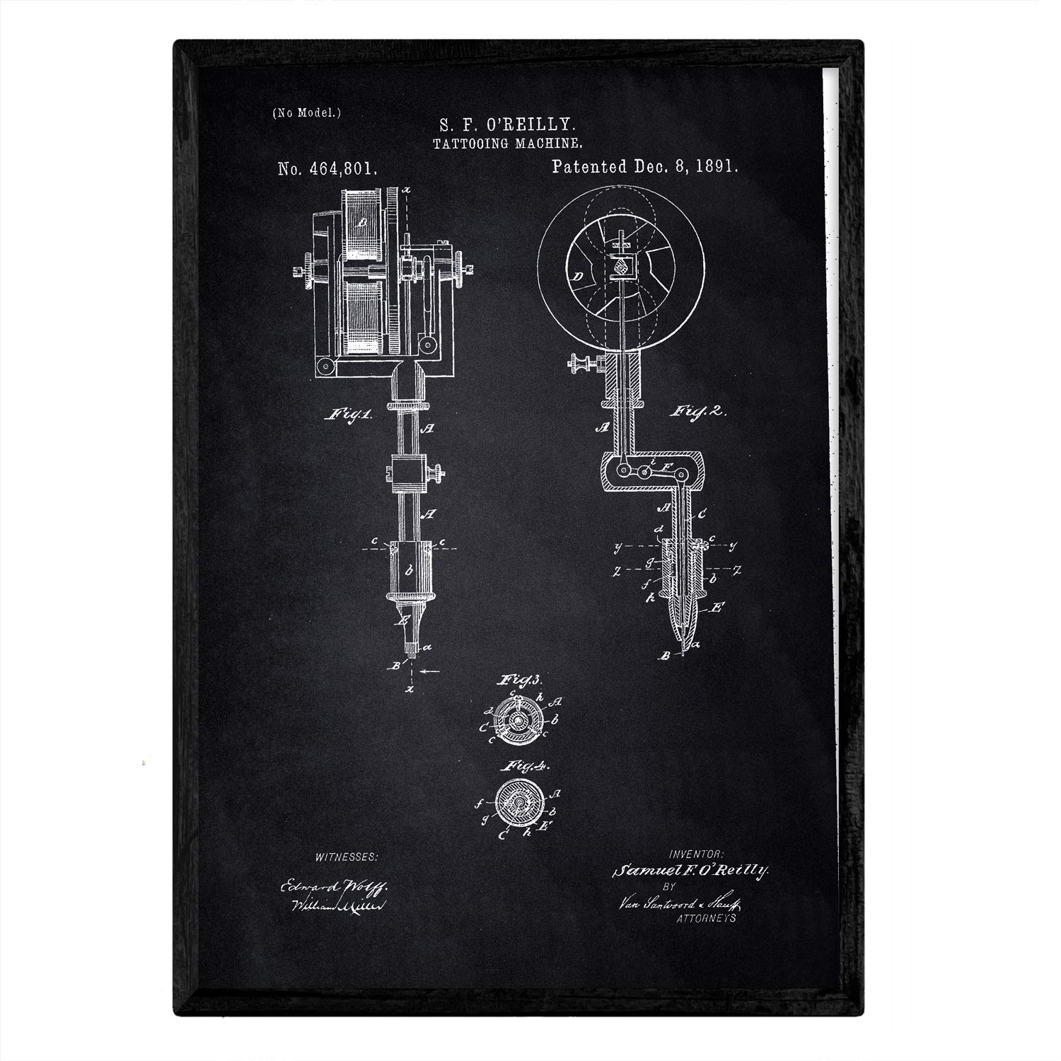 Nacnic Poster patent tattoo machine. Sheet with old design patent A3 size with black background