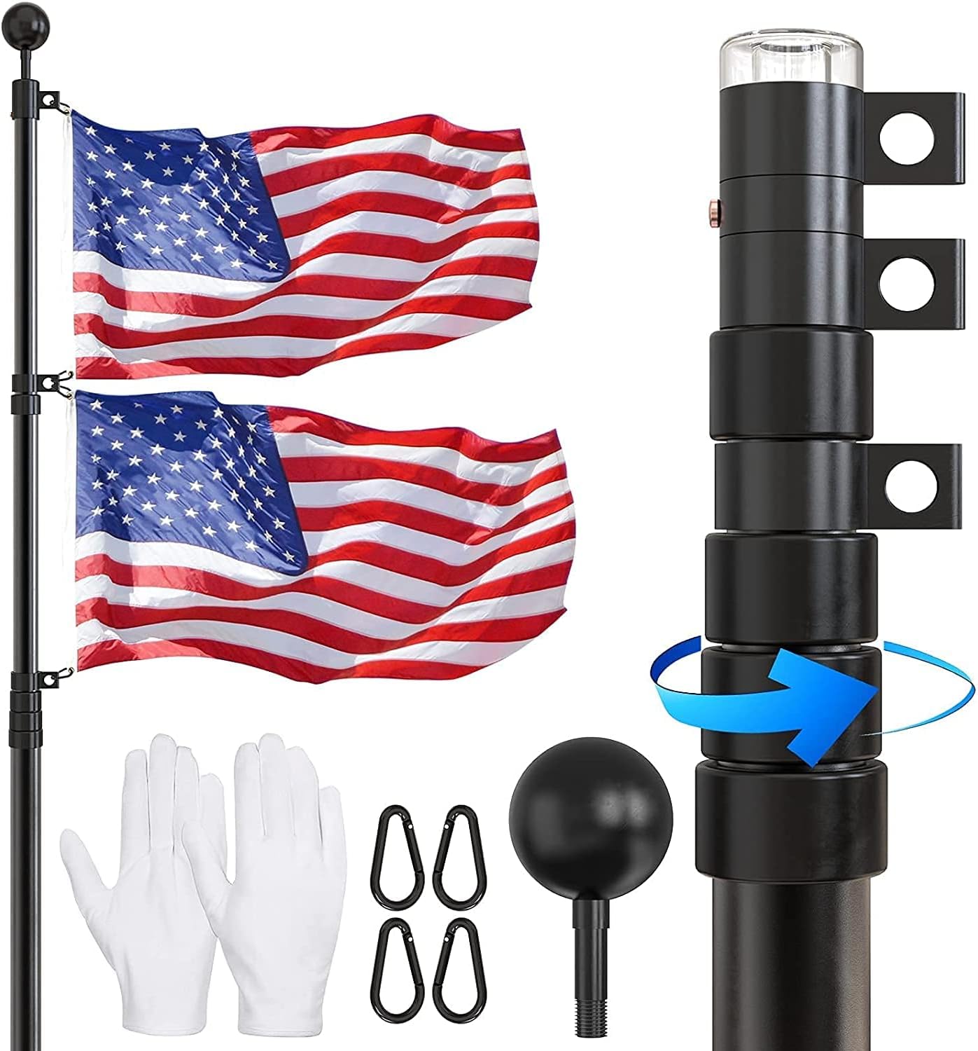 Flagpole Hardware - FFILY Flag Pole for Outside In Ground - 25 FT Heavy Duty Telescopic Flagpole Kit for Yard - Extra Thick Outdoor Telescoping Flag Poles with 3x5 American Flag for Residential or Commercial, Black