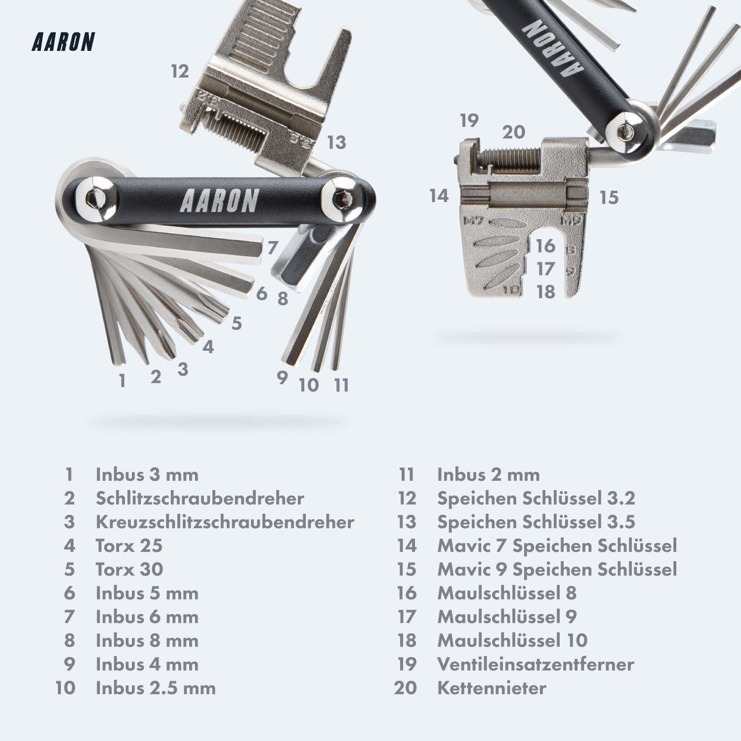 AARON Tool 20 in 1 Multitool - Fahrrad Multifunktionswerkzeug aus rostfreiem Stahl/Aluminium - faltbares Mini Fahrradwerkzeug mit vielen Funktionen - praktisches Bike Tool in Schwarz 4