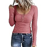KINLONSAIR Women’s Long Sleeve Henley T Shirts Button Down Slim Fit Tops Scoop Neck Ribbed Knit Shirts