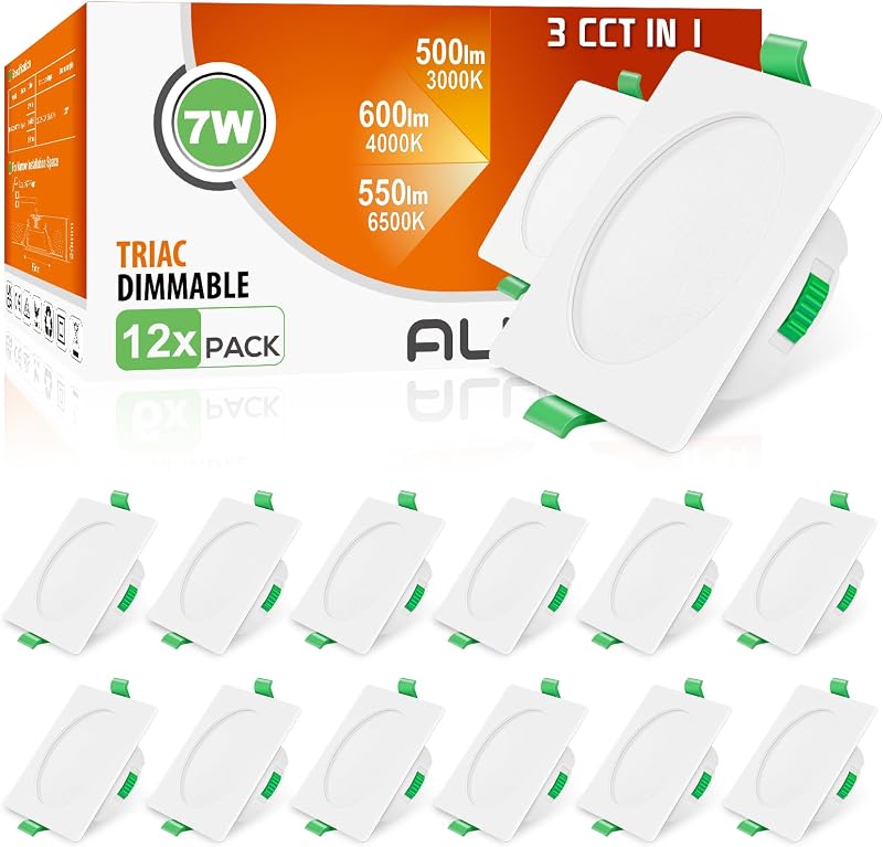 ALUSSO 7W Square LED Downlights 3CCT Dimmable IP44 White 12 Pack