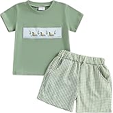 Arvbitana Toddler Baby Boy Hunting Outfit Summer Short Sleeve Mallard Duck T-shirt Checkered Plaid Shorts Two Piece Clothes