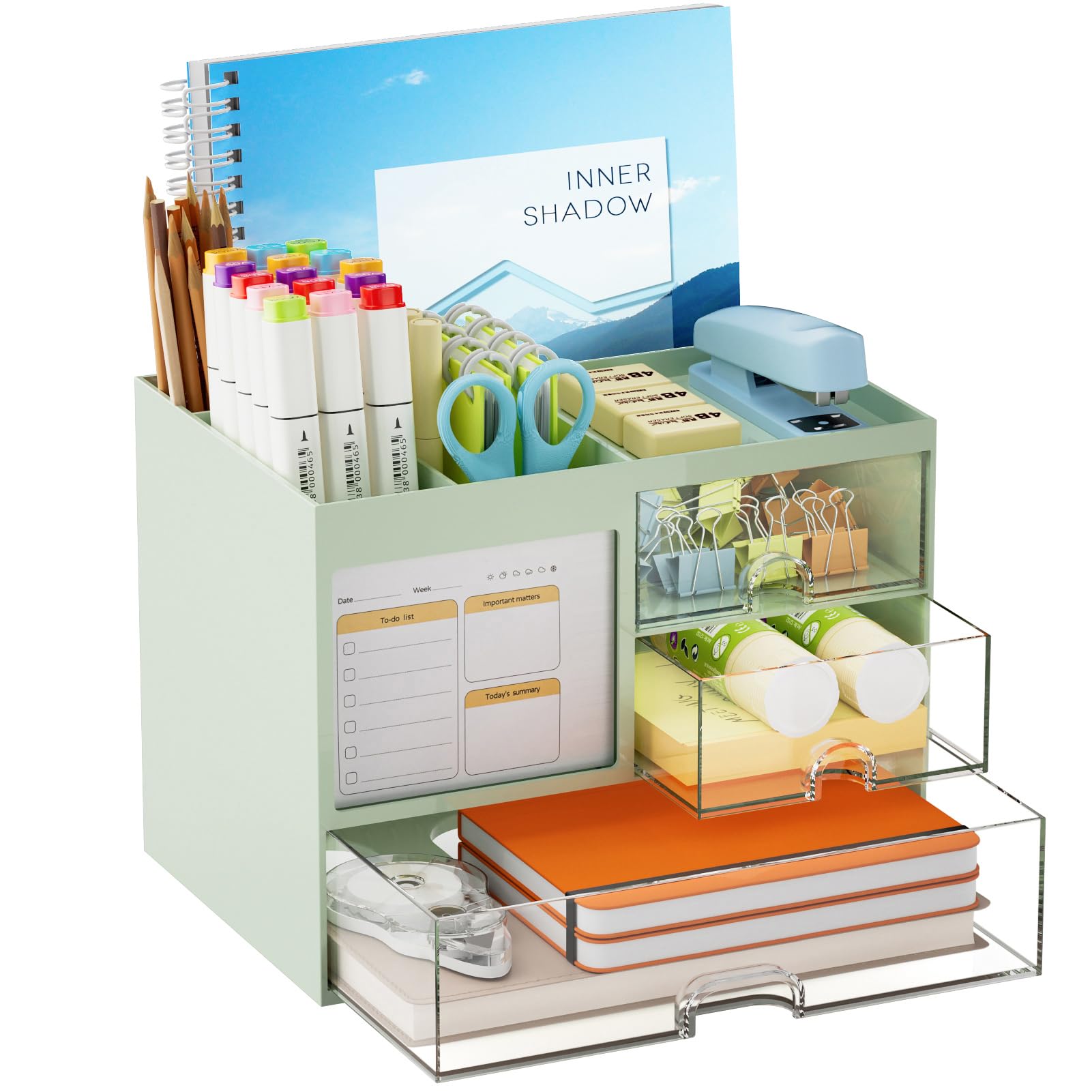 Photo 1 of Marbrasse Desk Organizer with 3 Drawer, Multi-Functional Pencil Pen Holder for Desk, Desk Organizers and Accessories with 4 Compartments, Desktop Organizer Storage for Office Home Supplies (Green)