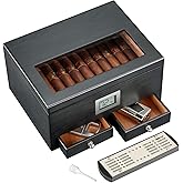 FANKAI Cigar Humidor with 2 Drawers,Cigar Accessories with Humidifier,Humidor Cigar Box Solid Cedar Wood,Cigar Gifts for Men,Glass Top Humidor,Cigar Case Fit 25-50 Cigars,Desktop Cigar Box