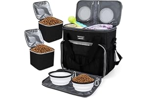 BAGLHER Dog Travel Bag, Pet Travel Bag (All Pet Travel Supplies), with 2 Pet Food Containers and 2 Collapsible Silicone Bowls; Essential Kits for Pet Travel Black