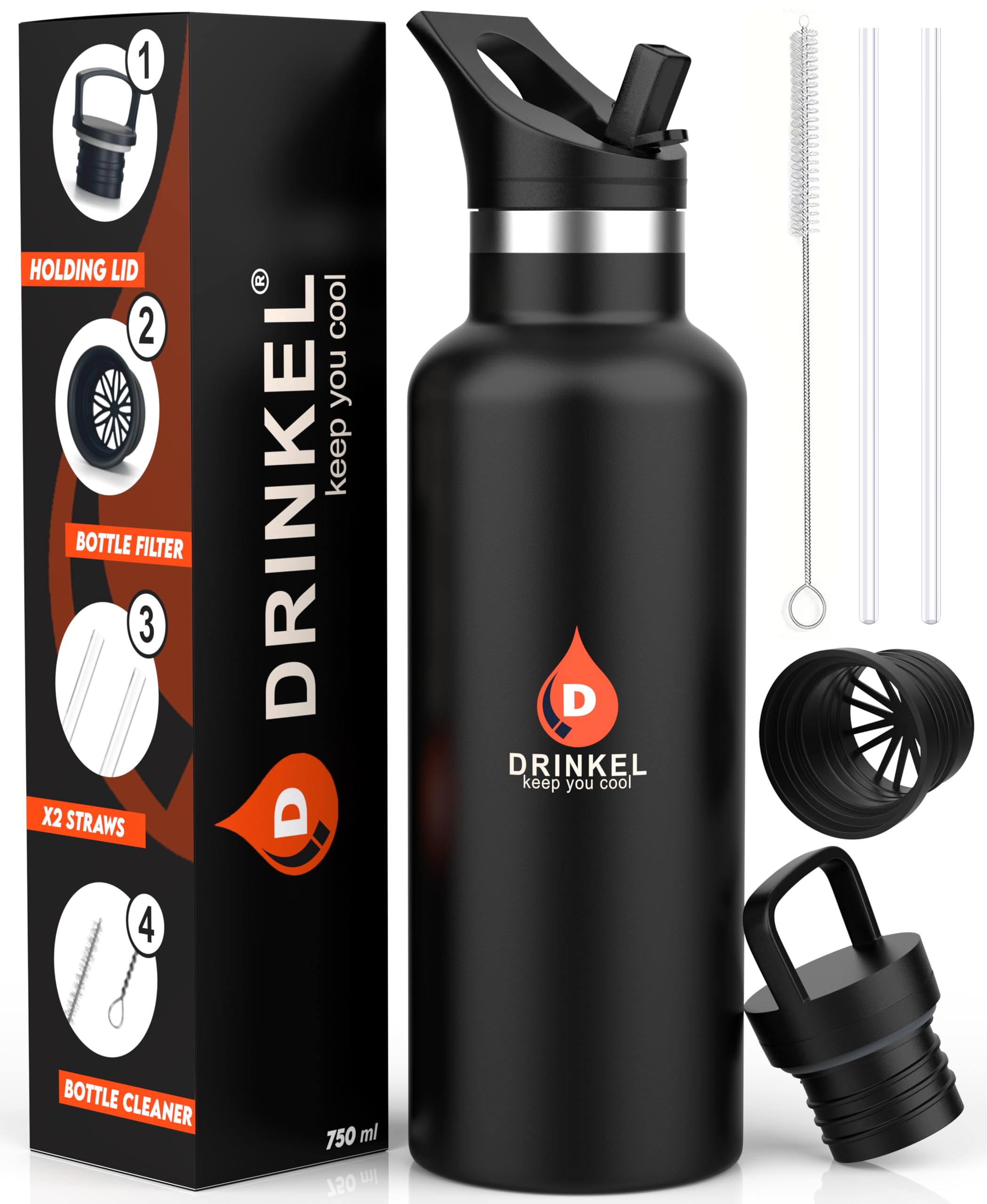 D Drinkel Stainless Steel Water Bottle with Straw,750ml Vacuum Insulated Sports Water Bottles for Cold and Hot, BPA-Free, Leakproof Metal Water Bottle with Extra Holding lid Gym Camping (Black)