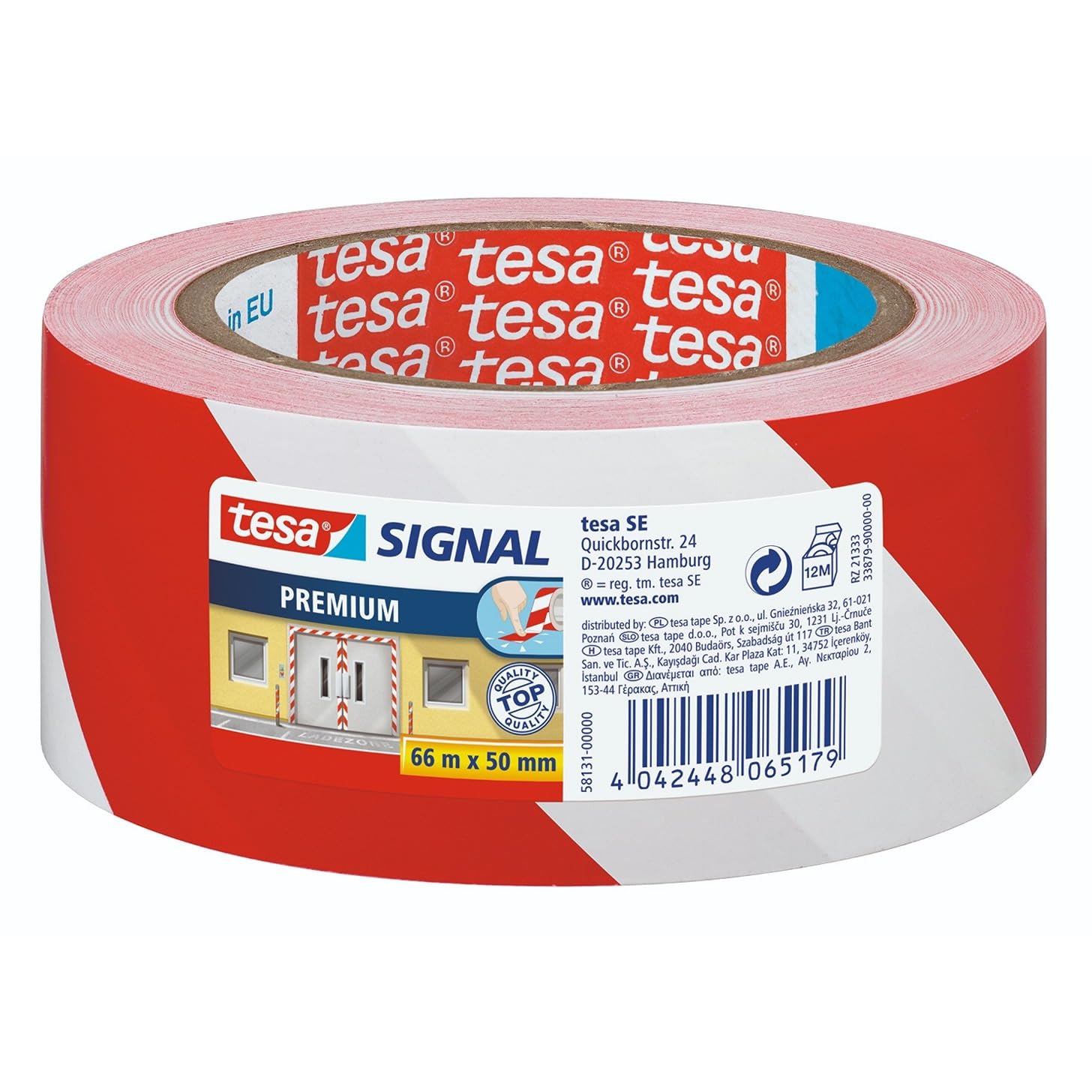 tesa UK Tape, Signal Premium Adhesive, Permanent Hazardous Area Marking and Signage, Robust PVC, Red/White, 66 m x 50 mm