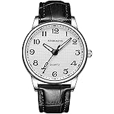 ADSBIAOYE Men's Minimalist Easy Reader Watch Stainless Steel Leather Strap Waterproof Bussiness Casual Mens Quartz Wrist Watch