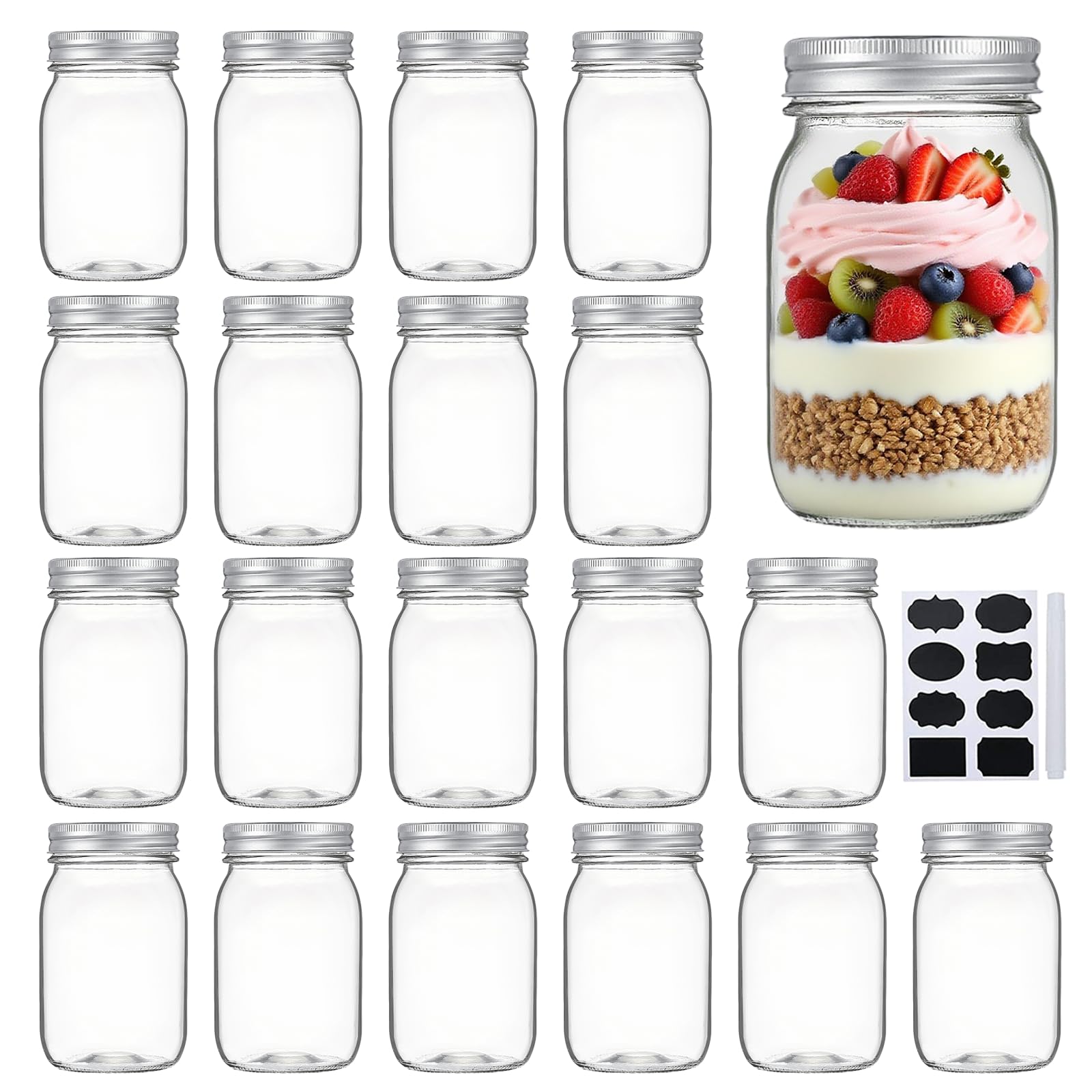 Photo 1 of Accguan Mason Jars,Glass Jars With Lids 12 oz,Canning Jars For Pickles And Kitchen Storage,Wide Mouth Spice Jars With Silver Lids For Honey,Caviar,Herb,Jelly,Jams,Set of 20
