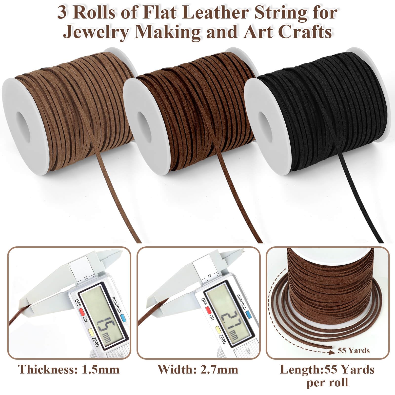 Anezus 3 Rolls Flat Leather String Cord, Suede Ribbon for Jewelry Making, Leather Twine for Crafts, Thin Leather Shoe Laces for Boots, Faux Leather Strips for Bracelets, Necklaces
