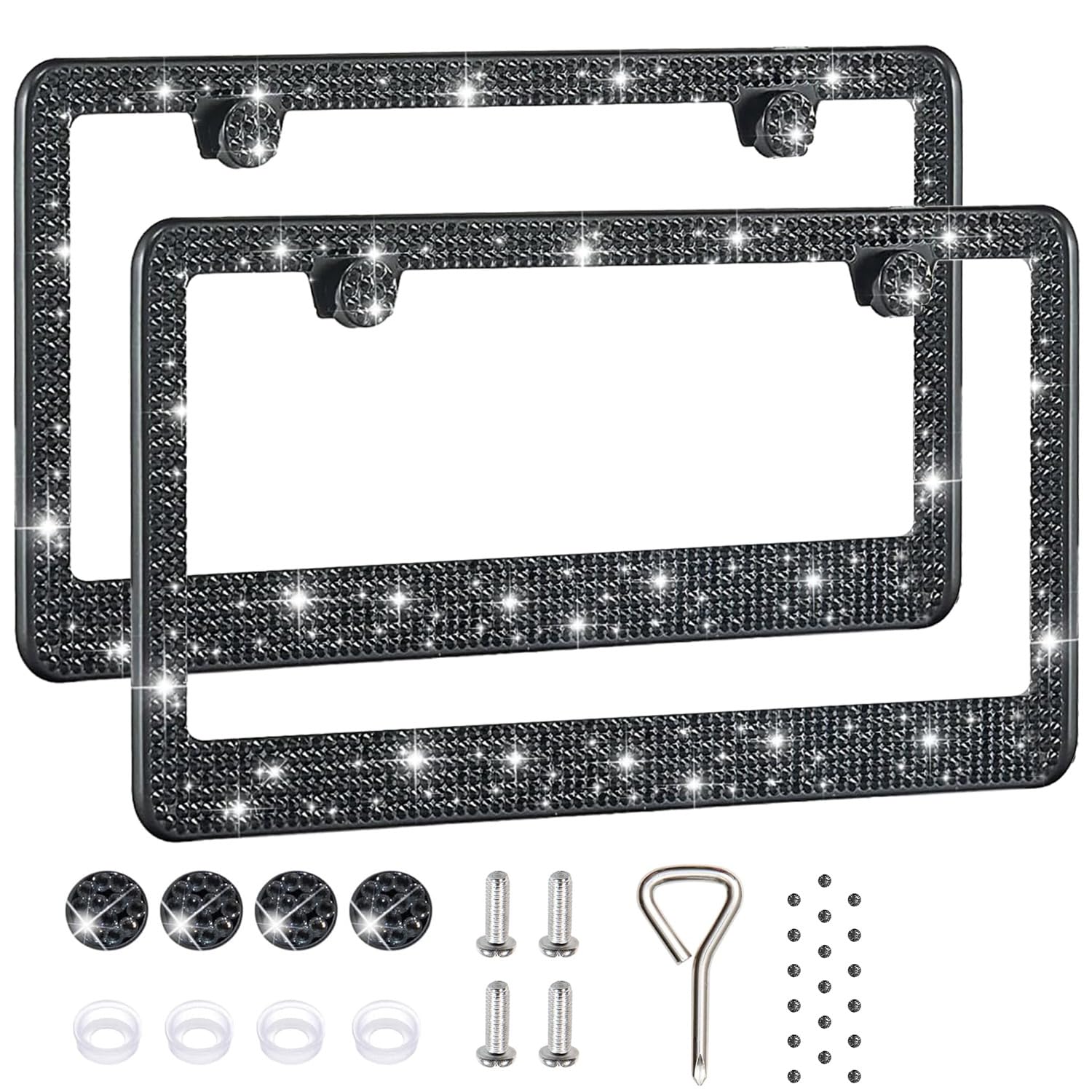 Photo 1 of 2 Pack License Plate Frames for Women, Sparkly Rhinestone Diamond Car Accessories with Glitter Crystal Caps (Black (2PCS))