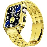 SUPLINK Stainless Steel Case with Band Compatible with Apple Watch Series 9 8 7 Bands 45mm, Metal Rugged Protective Bumper for iWatch Bands Men, Gold