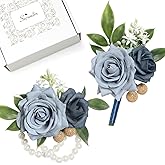Serwalin Blue Rose Corsage and Boutonniere Set, 2Pcs Dusty Blue Boutonniere and Wrist Corsage Wristband Prom Flower for Wedding Flowers Accessories Prom Suit Decorations