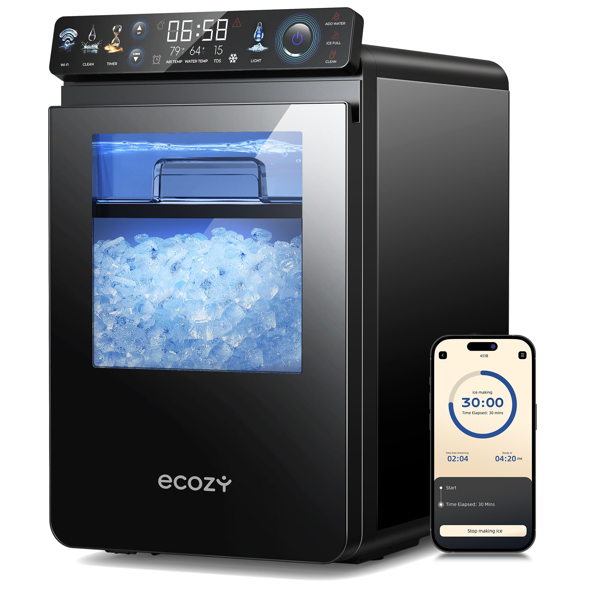 Photo 1 of (PARTS) (NOT FUNCTIONAL) (DAMAGED WITH MINERAL WATER) ecozy Nugget Ice Maker Countertop, Smart Pebble Ice Machine with APP Control, 44 lbs/24H Soft Pellet Chewable Ice with Self-Cleaning, Black
