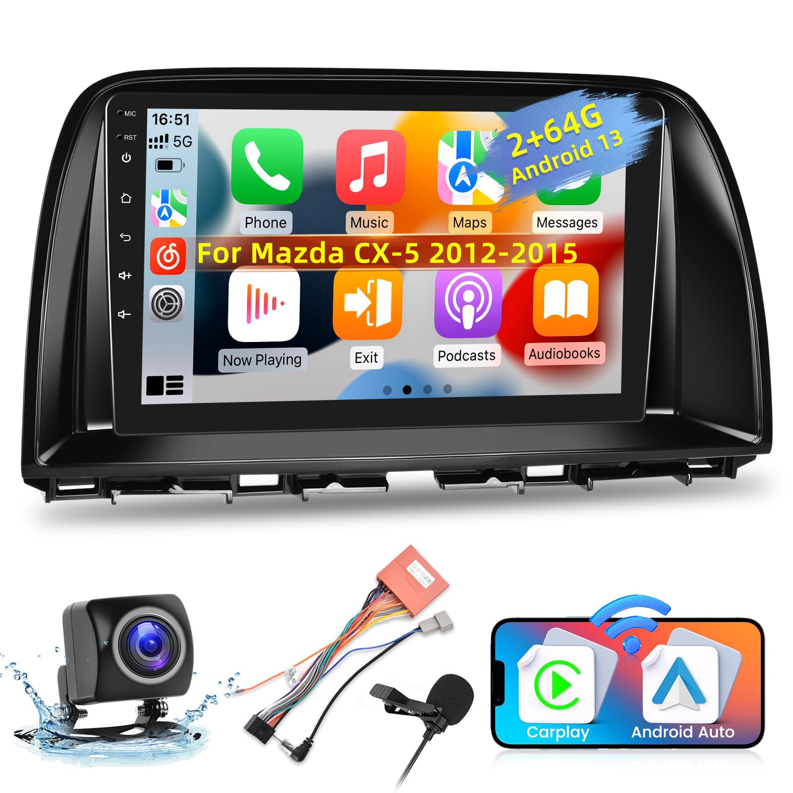 Photo 1 of [2+64G] for Mazda CX-5 2012-2015 Car Radio with Wireless Carplay and Android Auto - 9 Inch Touch Screen Android Car Stereo - DSP/Multiple UI/WiFi/GPS Navi/SWC + AHD Backup Camera