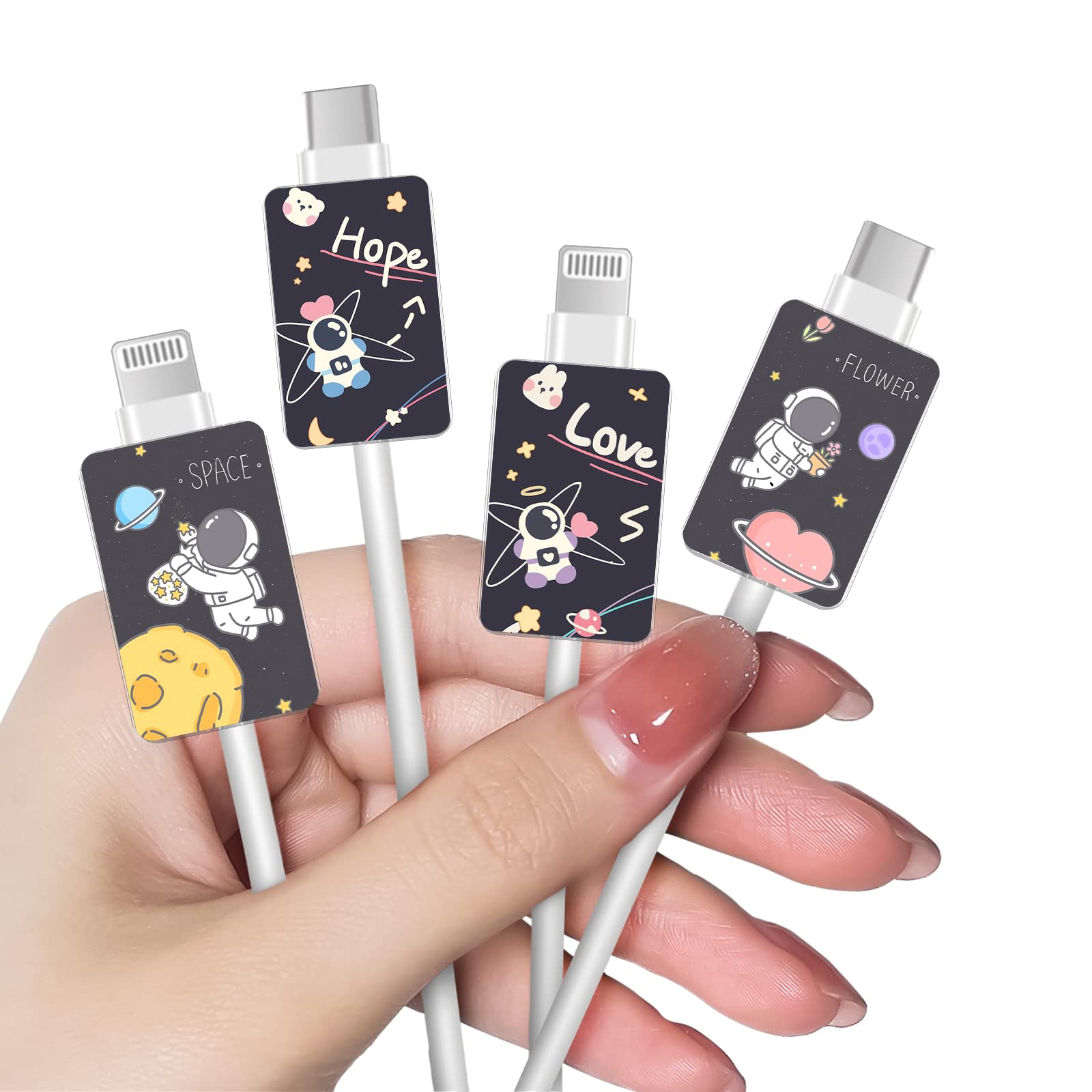 Cartoon Cable Protector for iPhone Type-c Charger for Women Girls Teen,4 PCS Different Astronauts Pattern Set Phone Cable Protector,Cord Saver,Cable Chomper,Cable Wire Protector