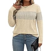 VISLILY Plus-Size-Womens-Tops Casual Color Block Long Sleeve Shirts Lightweight Knit Pullover Sweaters Trendy Tunics Blouses
