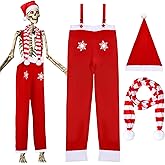 Hollowfly 3 Pcs 12ft Skeleton Outfits, Red and White, Striped Style | Christmas Costume Accessories for Giant Skeleton, Santa Hat, Suspender Pants with Snowflakes, Striped Scarf, Outdoor Decor
