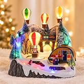 MUMTOP Animated Christmas Village with Rotating Hot Air Balloon with Music | Lighted Christmas Village Sets with Ski Slope, Christmas Village Houses,Collectible Buildings for Indoor Holiday Diplay,Gifts