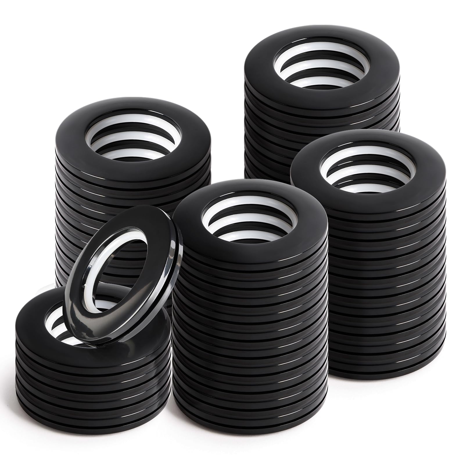 WCIC 48 PCS Curtain Grommets 40mm Roman Eyelet Ring Inner Diameter (1-9/16") Nanoscale Low Noise Rings for Window Shower Curtain Rod Plastic Kit Black