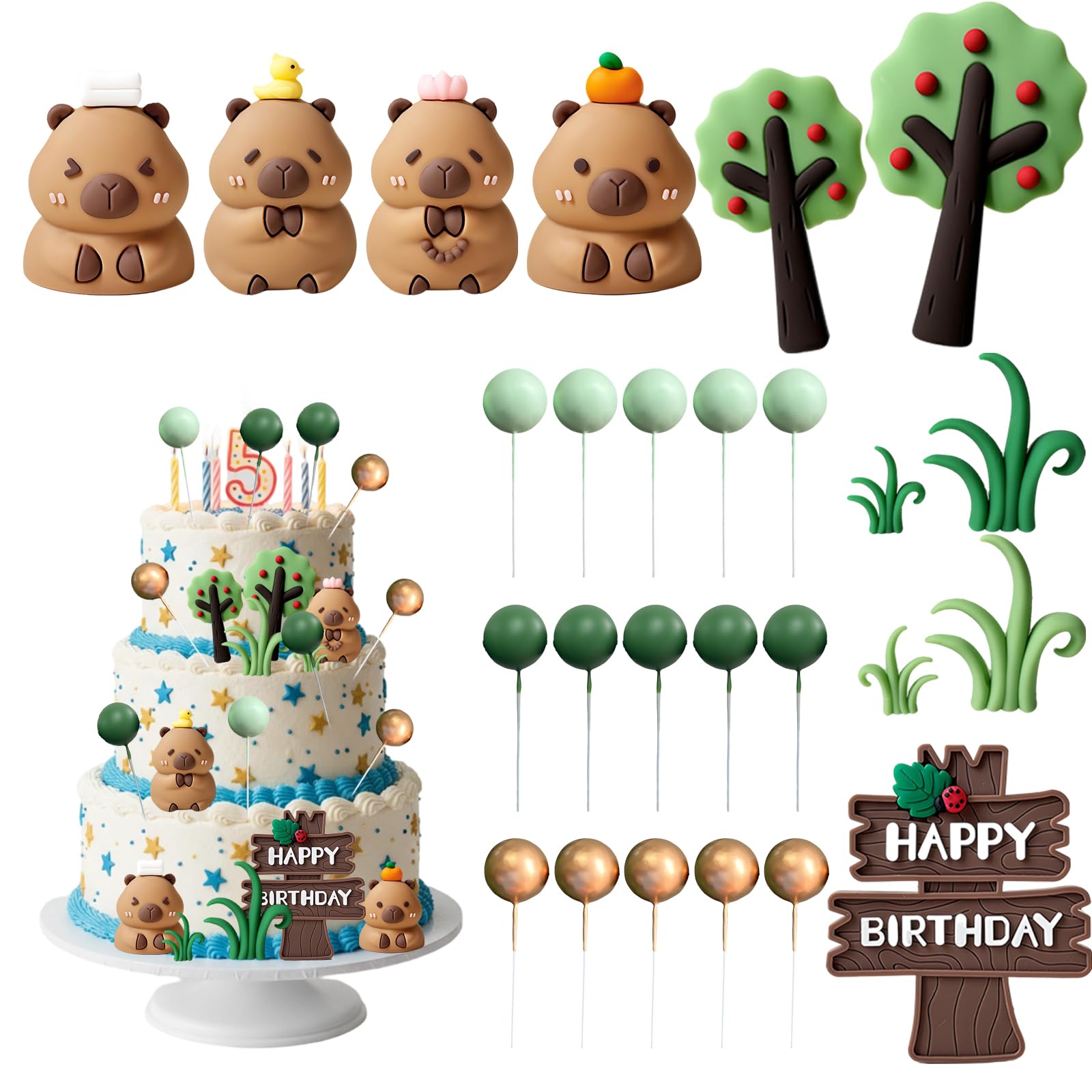 26Pcs Capybara Cake Topper, Jungle-Themed Birthday Cake Decorations Set with Trees, Grass and Colourful Balls