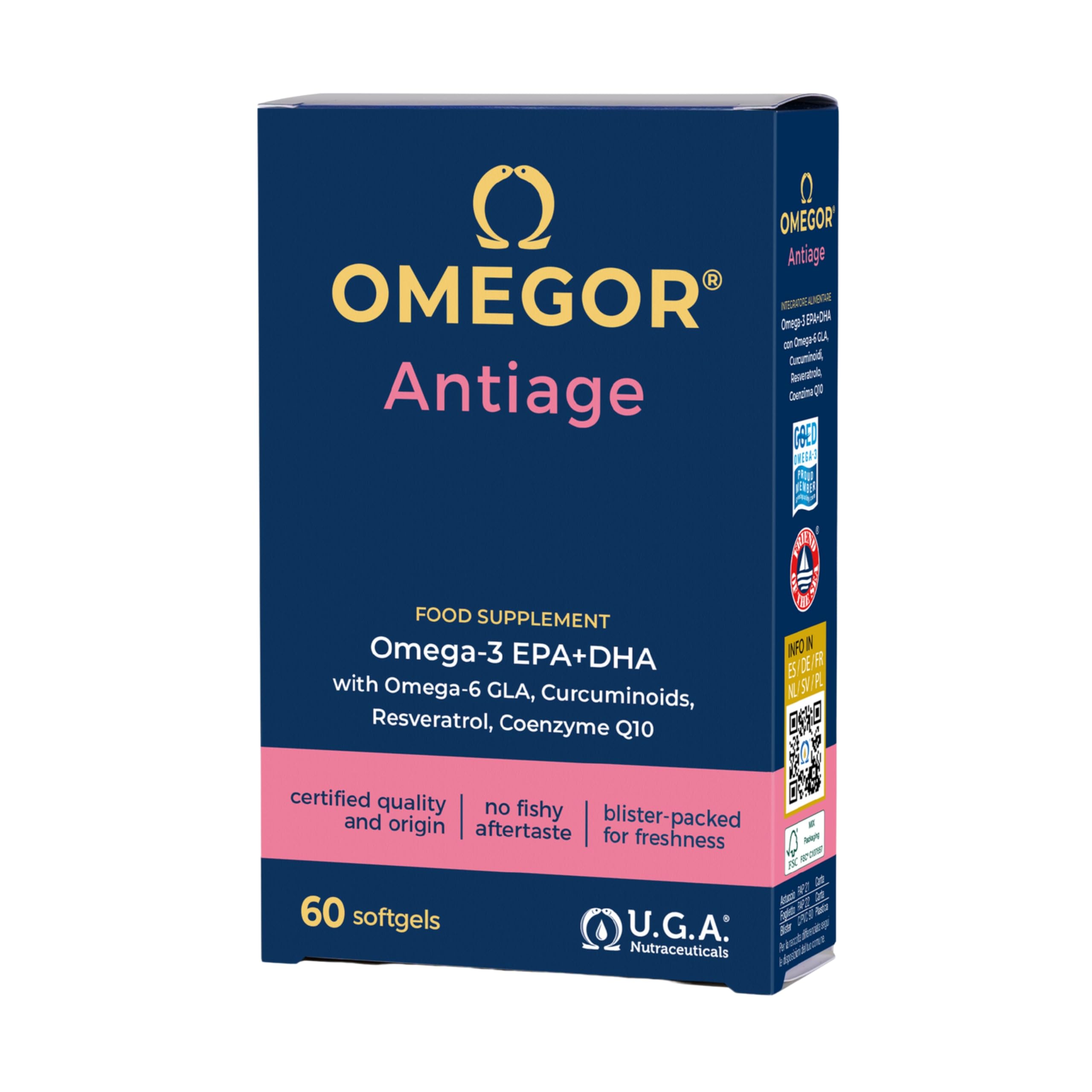 OMEGOR Anti-Aging – Omega 3 Kapseln mit EPA/DHA & Omega 6 GLA – Fischöl Kapseln mit Resveratrol, Kurkuma, Alpha-Liponsäure, Coenzym Q10 – Omega-3 Supplement für Haut & Gelenke – 60 Kapseln