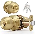 LOQRON Brushed Gold Ball Design Door Knob with Keys and Lock, Keyed Entry Round Shaped Doorknob for Front/Entrance Doors, Satin Brass Finish