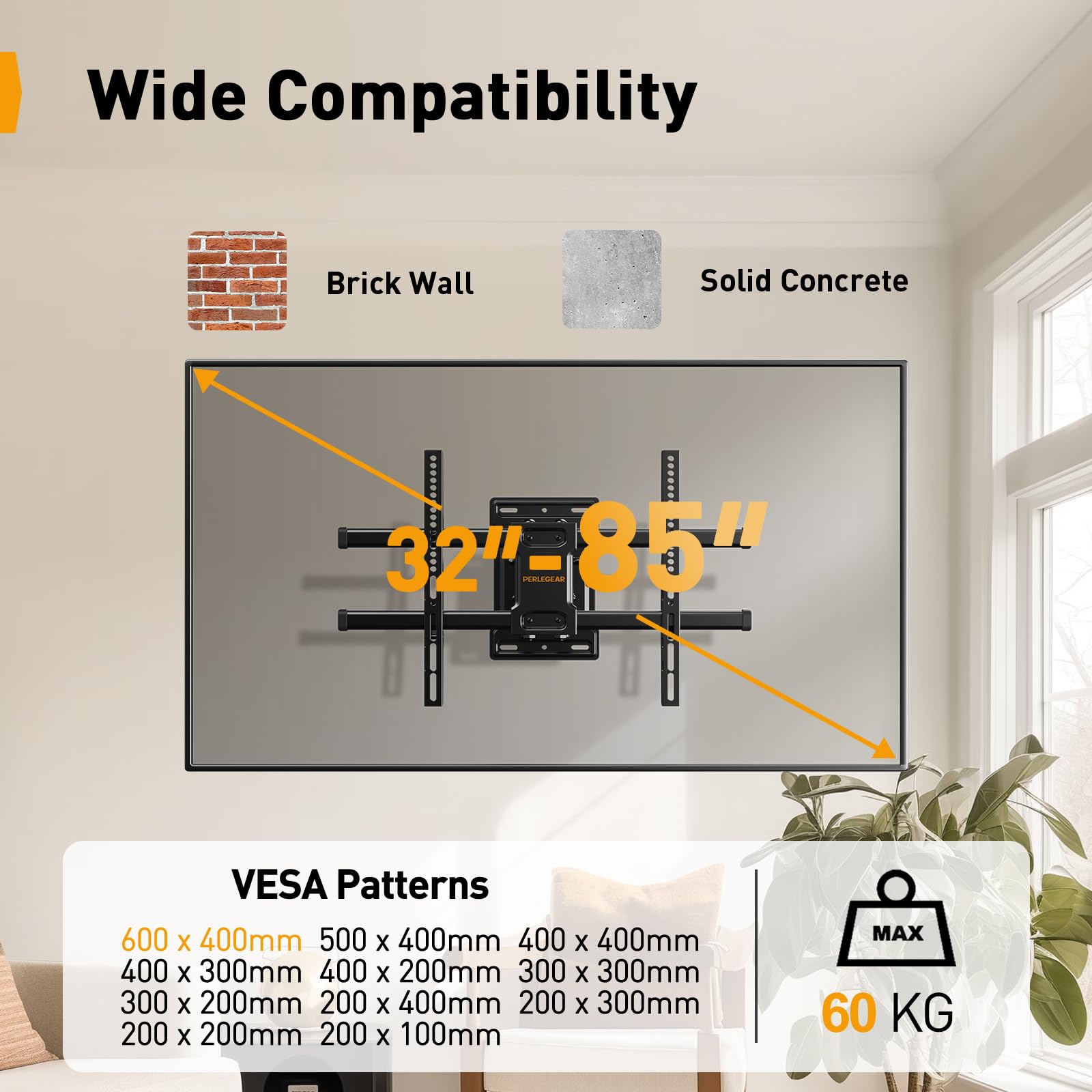 Perlegear TV Wandhalterung für 32-85 Zoll TVs bis zu 60 kg, Schwenkbar Neigbar Wandhalterung Fernseher, Fernseher Halterung mit werkzeugfreier Neigung, Max VESA 600x400mm, PGLF6 2