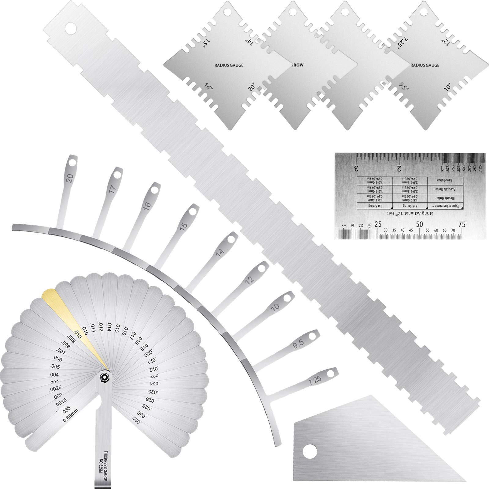 Photo 1 of 17 Pieces Guitar Luthier Tools Set Guitar Radius Gauge String Action Ruler Feeler Notched Radius Gauges Neck Notched Straight Edge Fret Rocker for Electric Guitar Setup